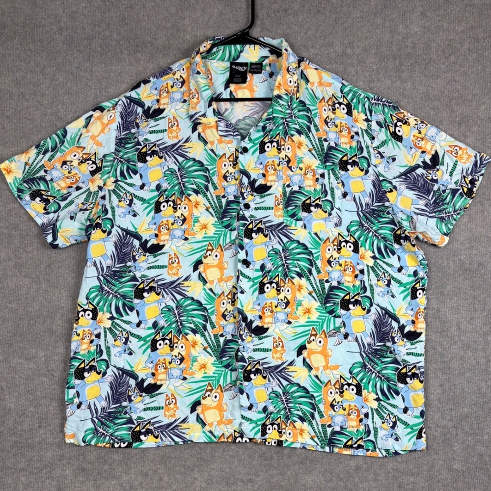 Bluey Tropical Hawaiian Shirt Button Down Character Print 3XL Blue Rayon